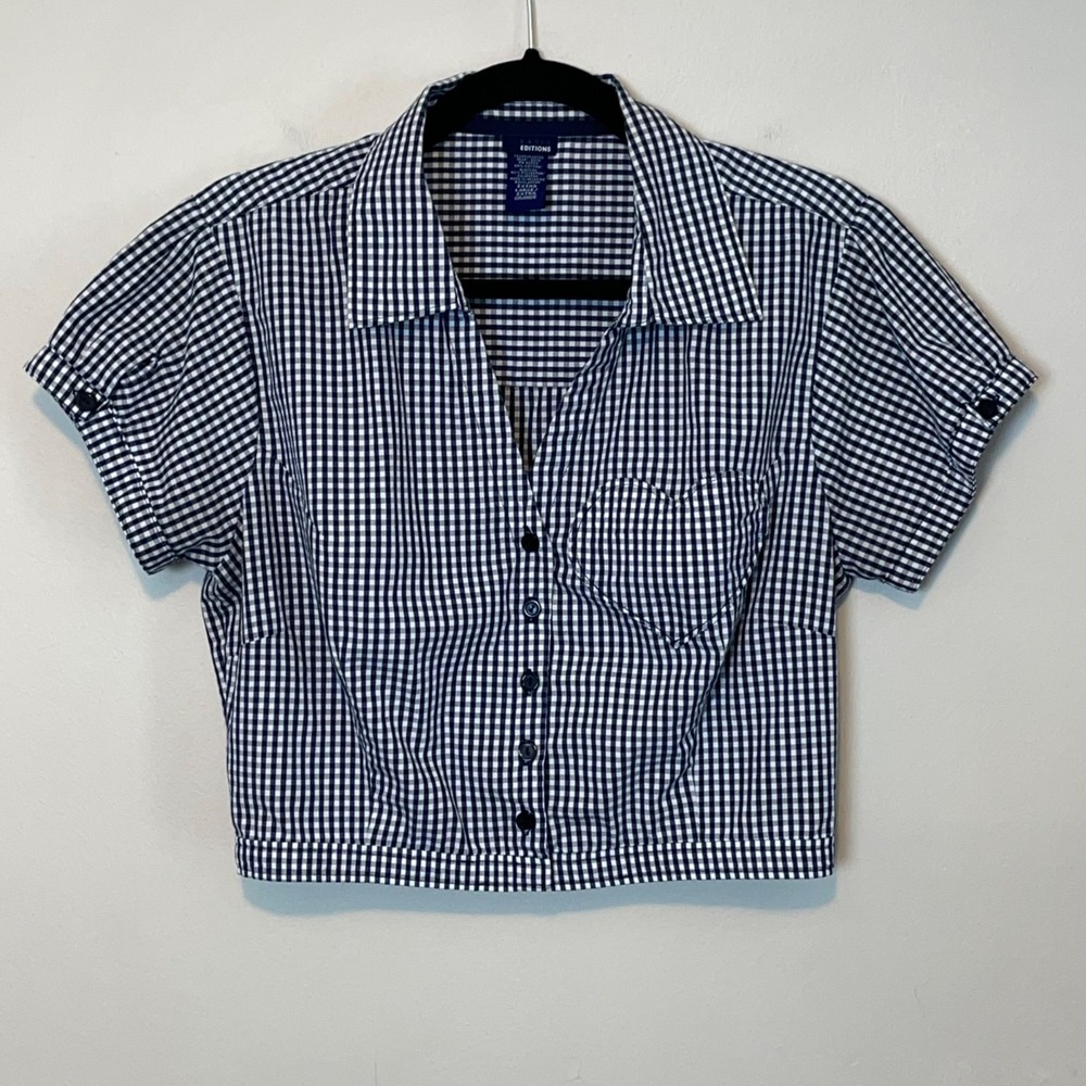 Upcycled Handmade Gingham Cropped Blouse With Heart Pocket One of a Kind - Picture 2 of 7